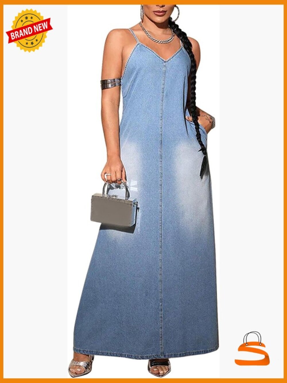 Sleeveless Adjustable Strap Maxi Denim Dress V Neck Plus Size Jean Dress Pockets